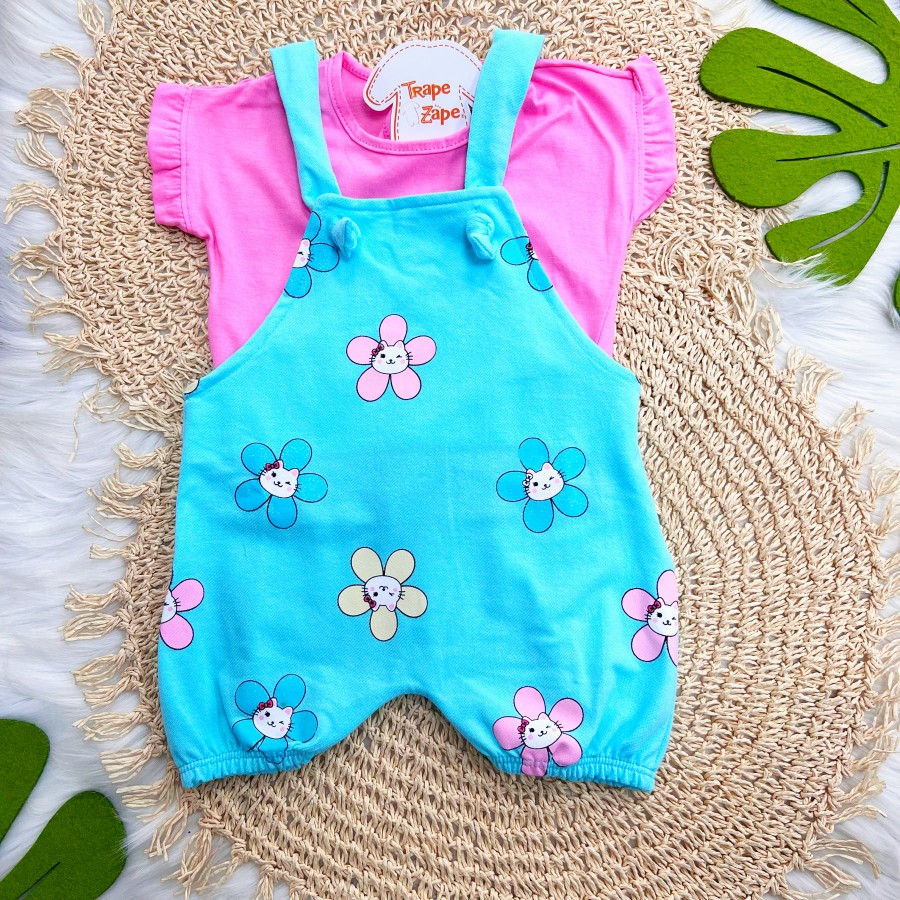  Conj. Blusa e Jardineira Gatinhas - Rosa Pink e Azul Bebê